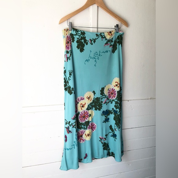 Vtg Emanuel Ungaro Floral Flower Butterfly Print Turquoise Viscose Midi Skirt 46 - Picture 12 of 17